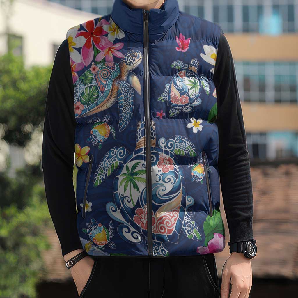 Hawaiian Turtles and Tropical Plants Sleeveless Puffer Jacket Blue Watercolor LT03 - Polynesian Pride