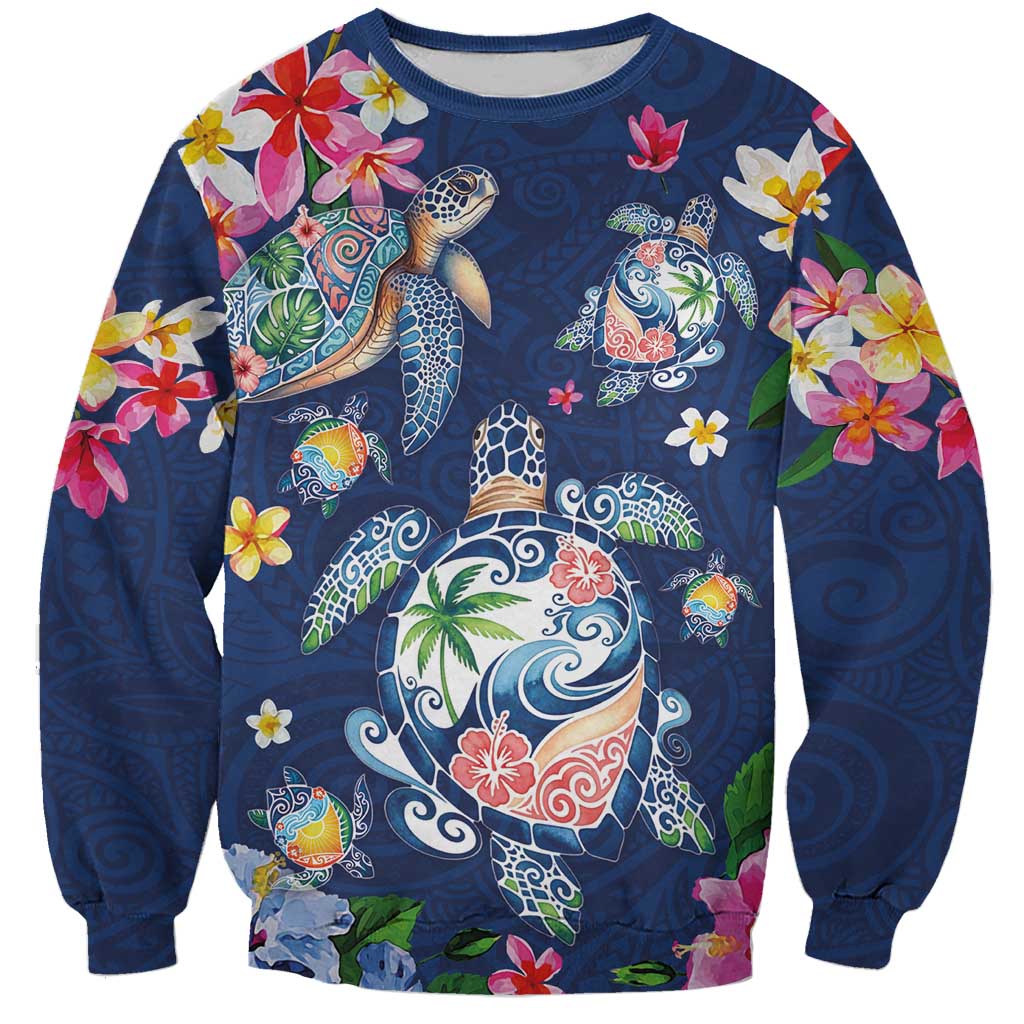 Hawaiian Turtles and Tropical Plants Sweatshirt Blue Watercolor LT03 Unisex Blue - Polynesian Pride