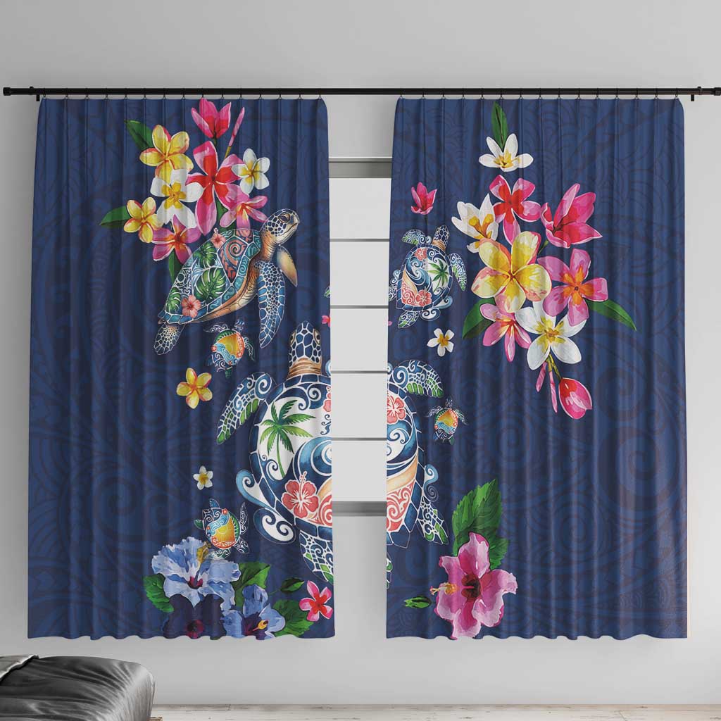 Hawaiian Turtles and Tropical Plants Window Curtain Blue Watercolor LT03 With Hooks Blue - Polynesian Pride