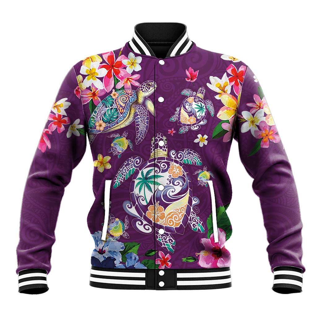 Hawaiian Turtles and Tropical Plants Baseball Jacket Purple Watercolor LT03 Unisex Purple - Polynesian Pride