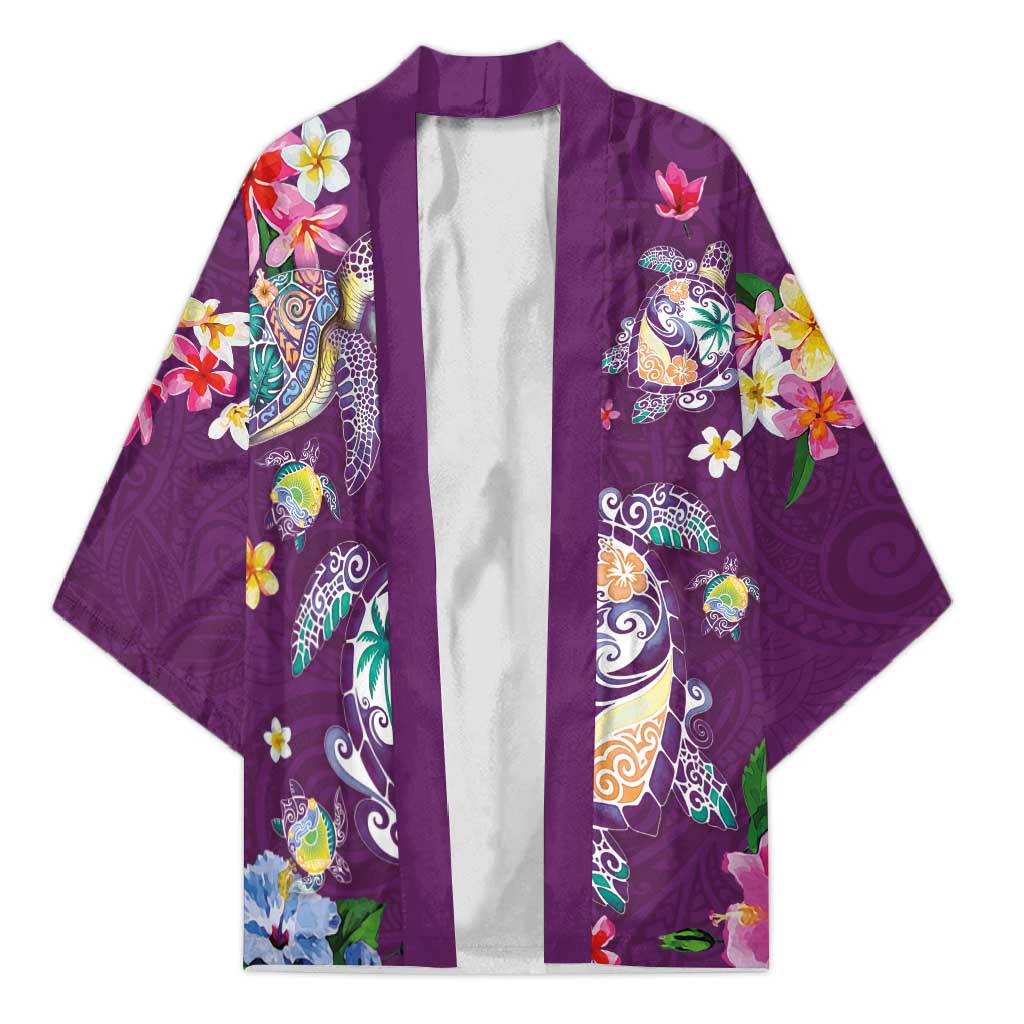 Hawaiian Turtles and Tropical Plants Kimono Purple Watercolor LT03 Unisex Purple - Polynesian Pride