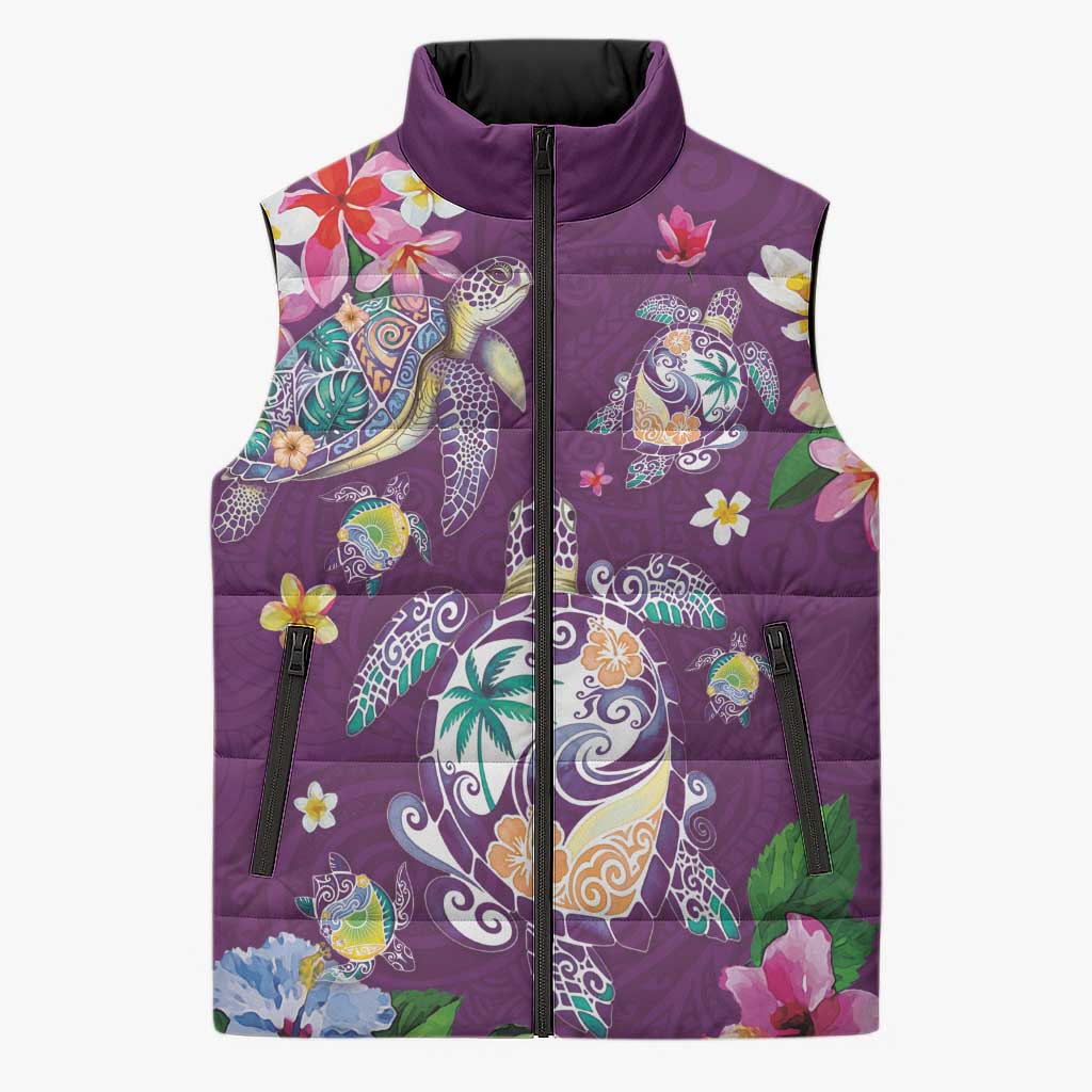 Hawaiian Turtles and Tropical Plants Sleeveless Puffer Jacket Purple Watercolor LT03 Unisex Purple - Polynesian Pride