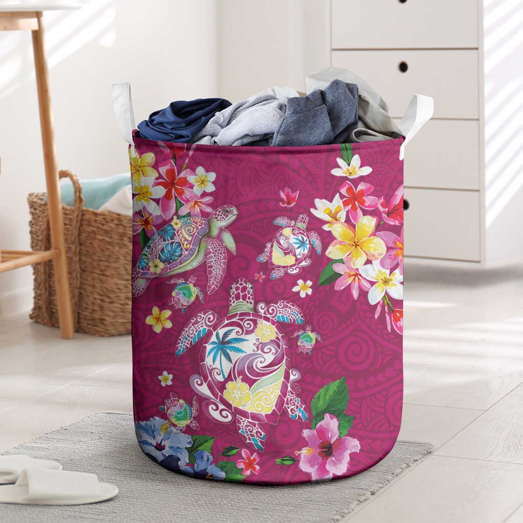 Hawaiian Turtles and Tropical Plants Laundry Basket Pink Watercolor LT03 Pink - Polynesian Pride