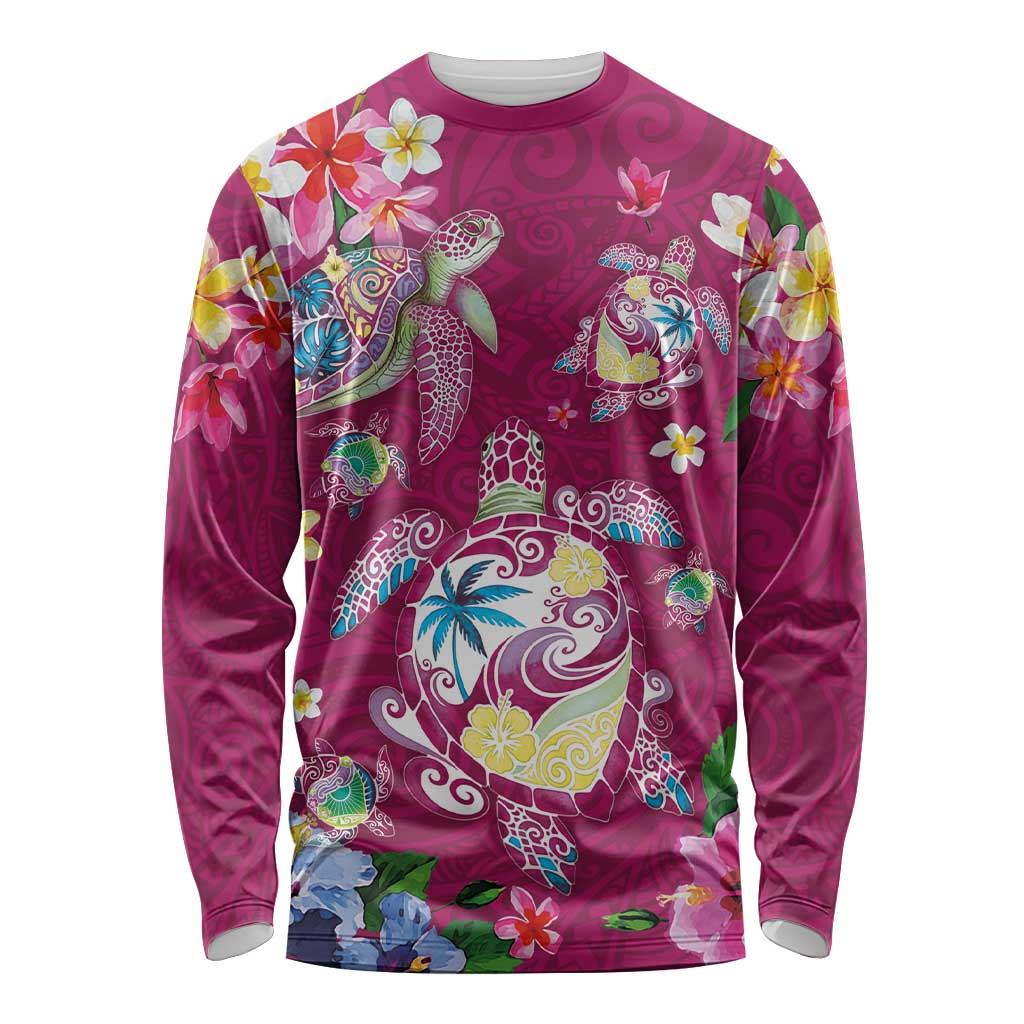 Hawaiian Turtles and Tropical Plants Long Sleeve Shirt Pink Watercolor LT03 Unisex Pink - Polynesian Pride
