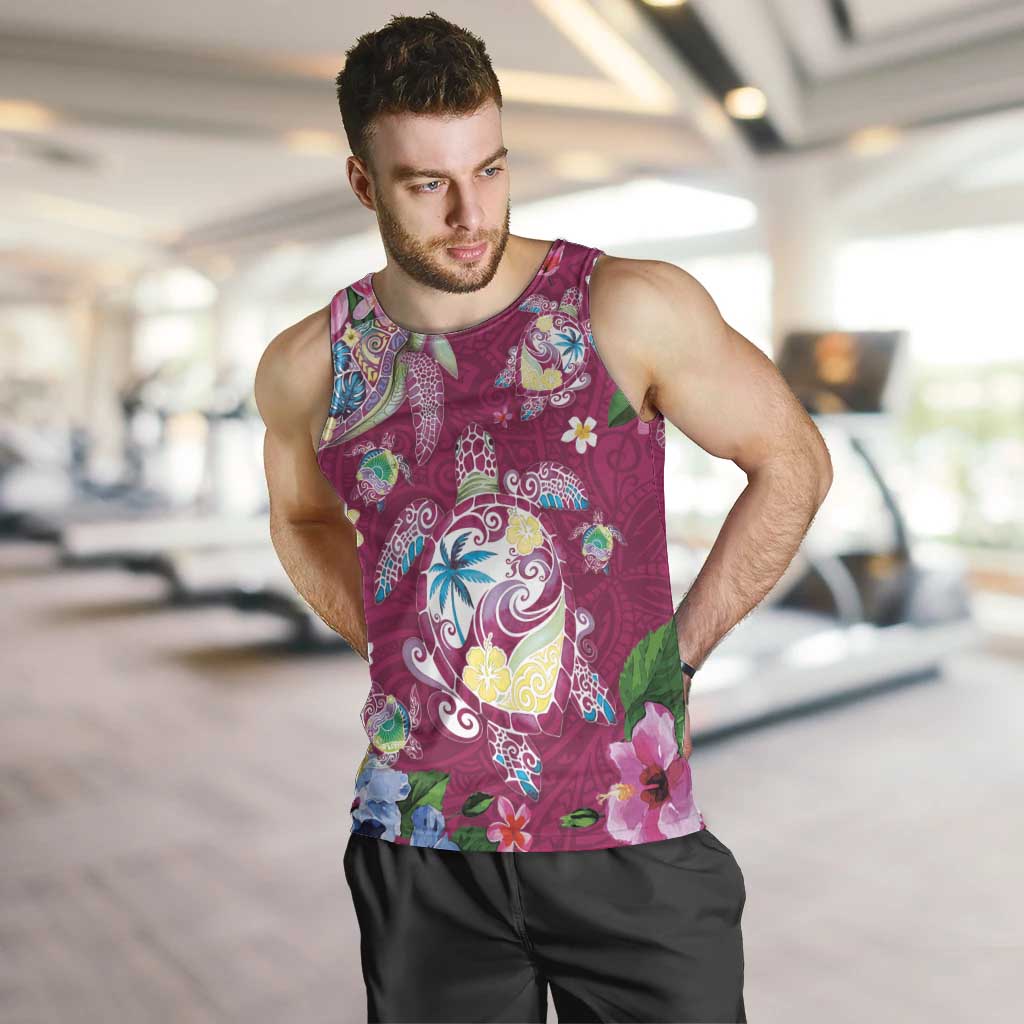 Hawaiian Turtles and Tropical Plants Men Tank Top Pink Watercolor LT03 Pink - Polynesian Pride