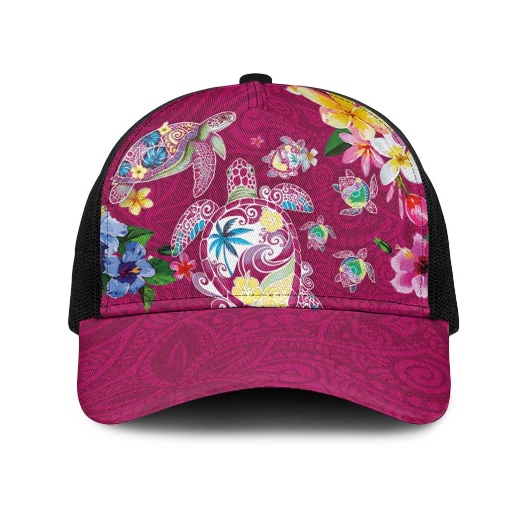 Hawaiian Turtles and Tropical Plants Mesh Trucker Cap Pink Watercolor LT03 One Size Black Pink - Polynesian Pride
