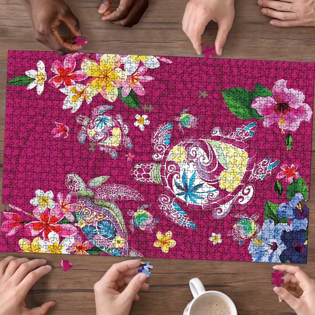 Hawaiian Turtles and Tropical Plants Puzzle Pink Watercolor LT03 - Polynesian Pride