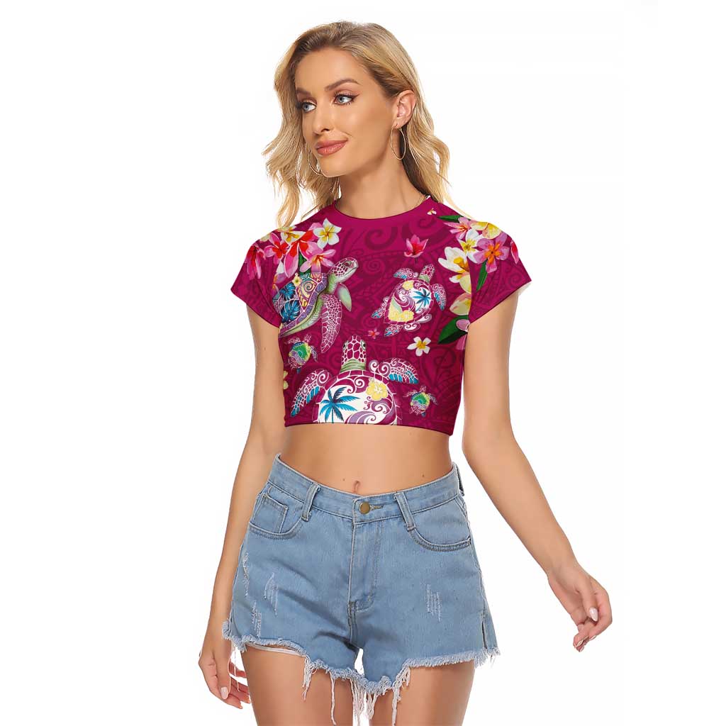 Hawaiian Turtles and Tropical Plants Raglan Cropped T Shirt Pink Watercolor LT03 Female Pink - Polynesian Pride