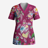 Hawaiian Turtles and Tropical Plants Scrub Top Pink Watercolor LT03 Adult Pink - Polynesian Pride