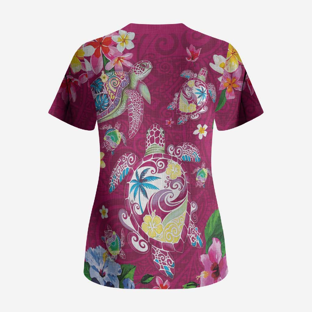 Hawaiian Turtles and Tropical Plants Scrub Top Pink Watercolor LT03 - Polynesian Pride