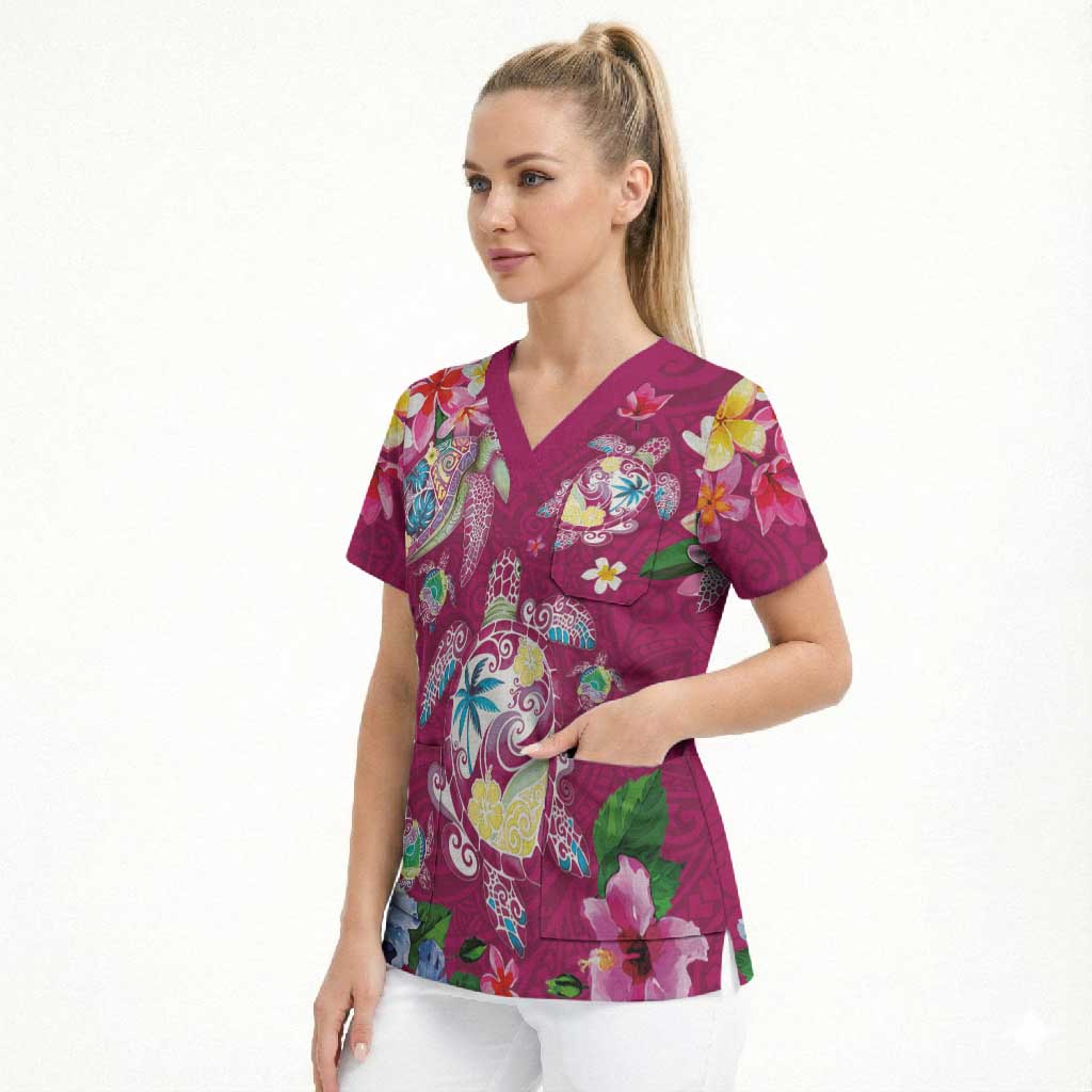 Hawaiian Turtles and Tropical Plants Scrub Top Pink Watercolor LT03 - Polynesian Pride