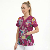 Hawaiian Turtles and Tropical Plants Scrub Top Pink Watercolor LT03 - Polynesian Pride