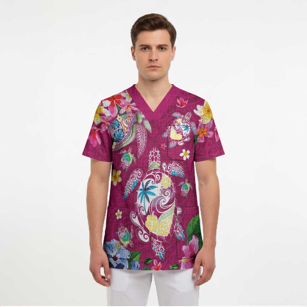 Hawaiian Turtles and Tropical Plants Scrub Top Pink Watercolor LT03 - Polynesian Pride