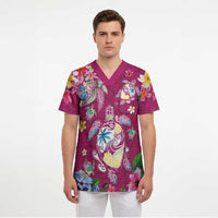 Hawaiian Turtles and Tropical Plants Scrub Top Pink Watercolor LT03 - Polynesian Pride