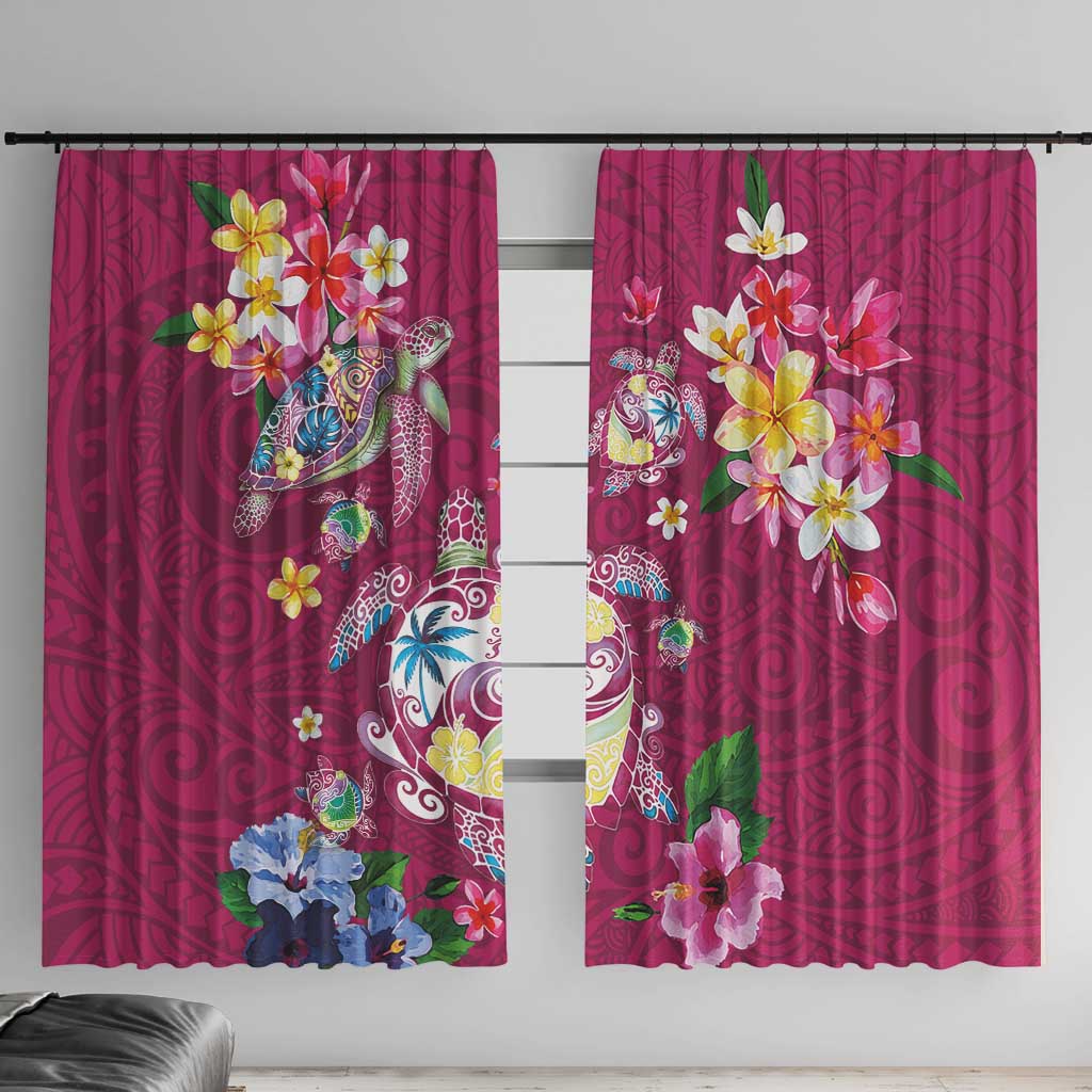 Hawaiian Turtles and Tropical Plants Window Curtain Pink Watercolor LT03 With Hooks Pink - Polynesian Pride
