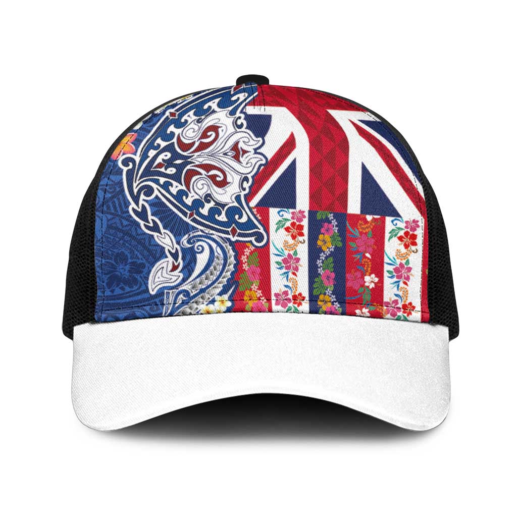 Hawaiian Manta Ray Baseball Net Cap with Hawaii Flag and Flowers LT03 One Size Black Multicolor - Polynesian Pride