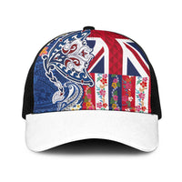 Hawaiian Manta Ray Baseball Net Cap with Hawaii Flag and Flowers LT03 One Size Black Multicolor - Polynesian Pride