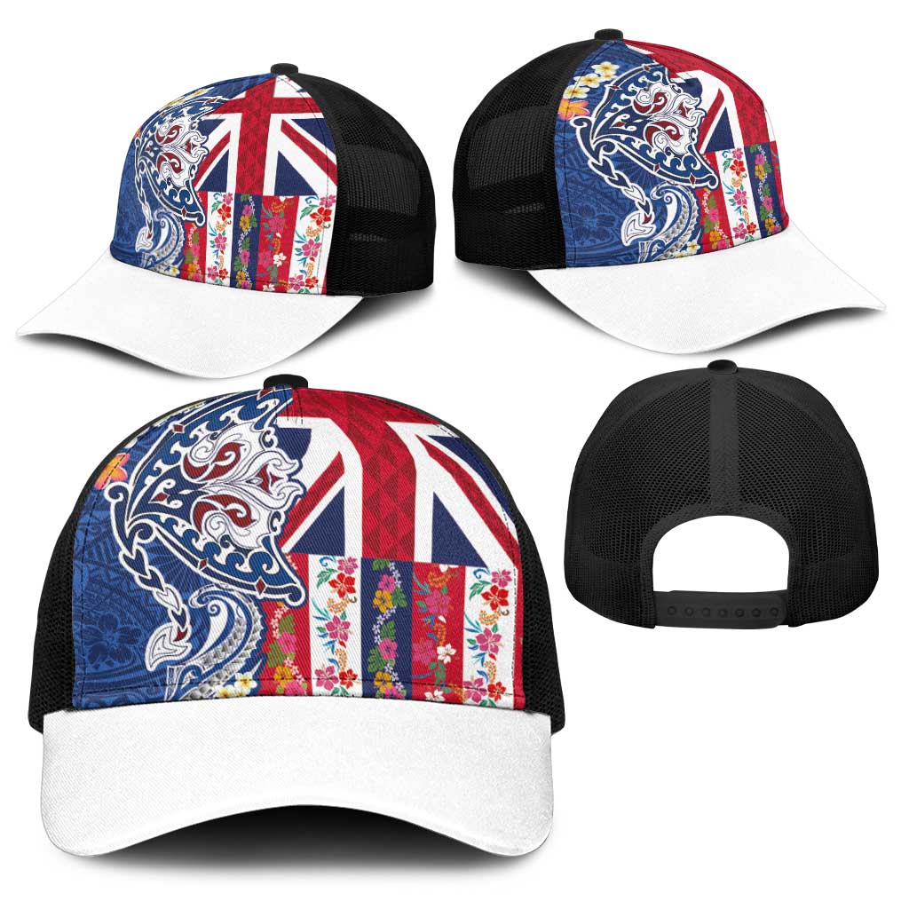 Hawaiian Manta Ray Baseball Net Cap with Hawaii Flag and Flowers LT03 - Polynesian Pride