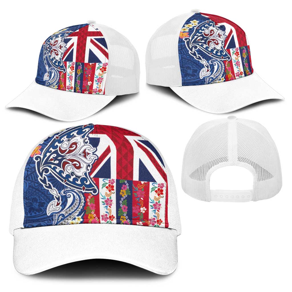 Hawaiian Manta Ray Baseball Net Cap with Hawaii Flag and Flowers LT03 - Polynesian Pride