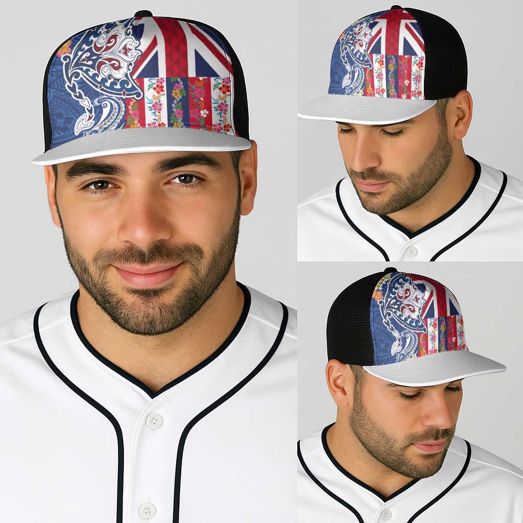 Hawaiian Manta Ray Baseball Net Cap with Hawaii Flag and Flowers LT03 - Polynesian Pride
