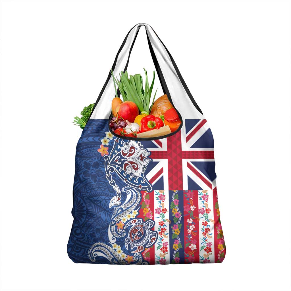 Hawaiian Manta Ray and Turtle Tribal Tattoo Grocery Bag With Hawaii Flag and Flowers LT03 1-pack One Size Multicolor - Polynesian Pride