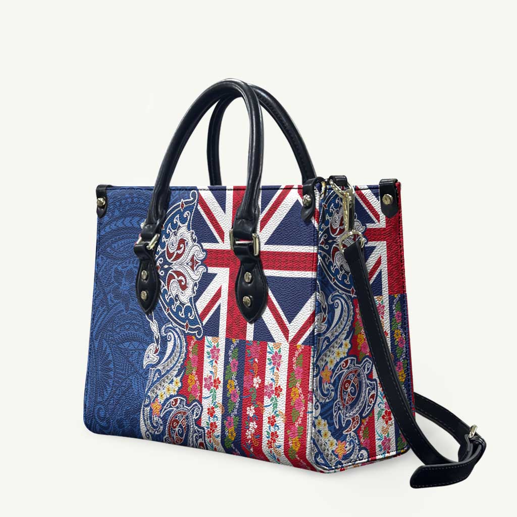 Hawaiian Manta Ray and Turtle Tribal Tattoo Leather Bag With Hawaii Flag and Flowers LT03 Multicolor - Polynesian Pride