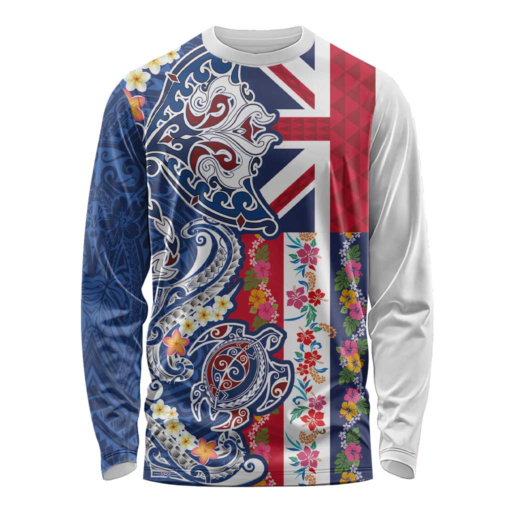 Hawaiian Manta Ray and Turtle Tribal Tattoo Long Sleeve Shirt With Hawaii Flag and Flowers LT03 Unisex Multicolor - Polynesian Pride