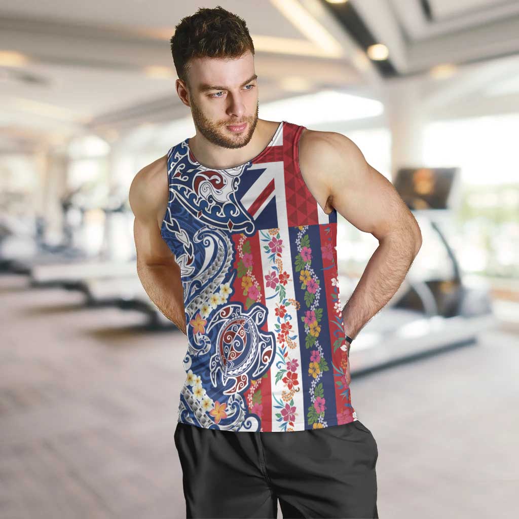 Hawaiian Manta Ray and Turtle Tribal Tattoo Men Tank Top With Hawaii Flag and Flowers LT03 Multicolor - Polynesian Pride