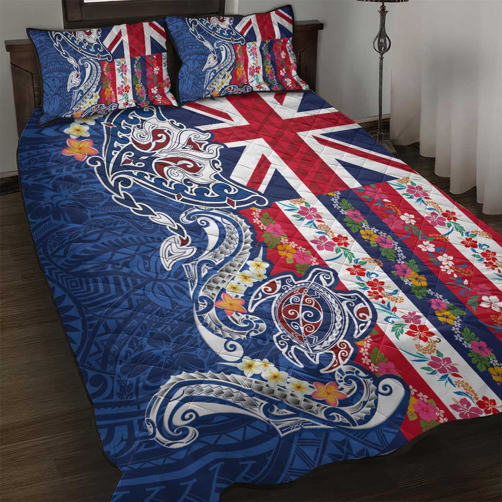 Hawaiian Manta Ray and Turtle Tribal Tattoo Quilt Bed Set With Hawaii Flag and Flowers LT03 Multicolor - Polynesian Pride
