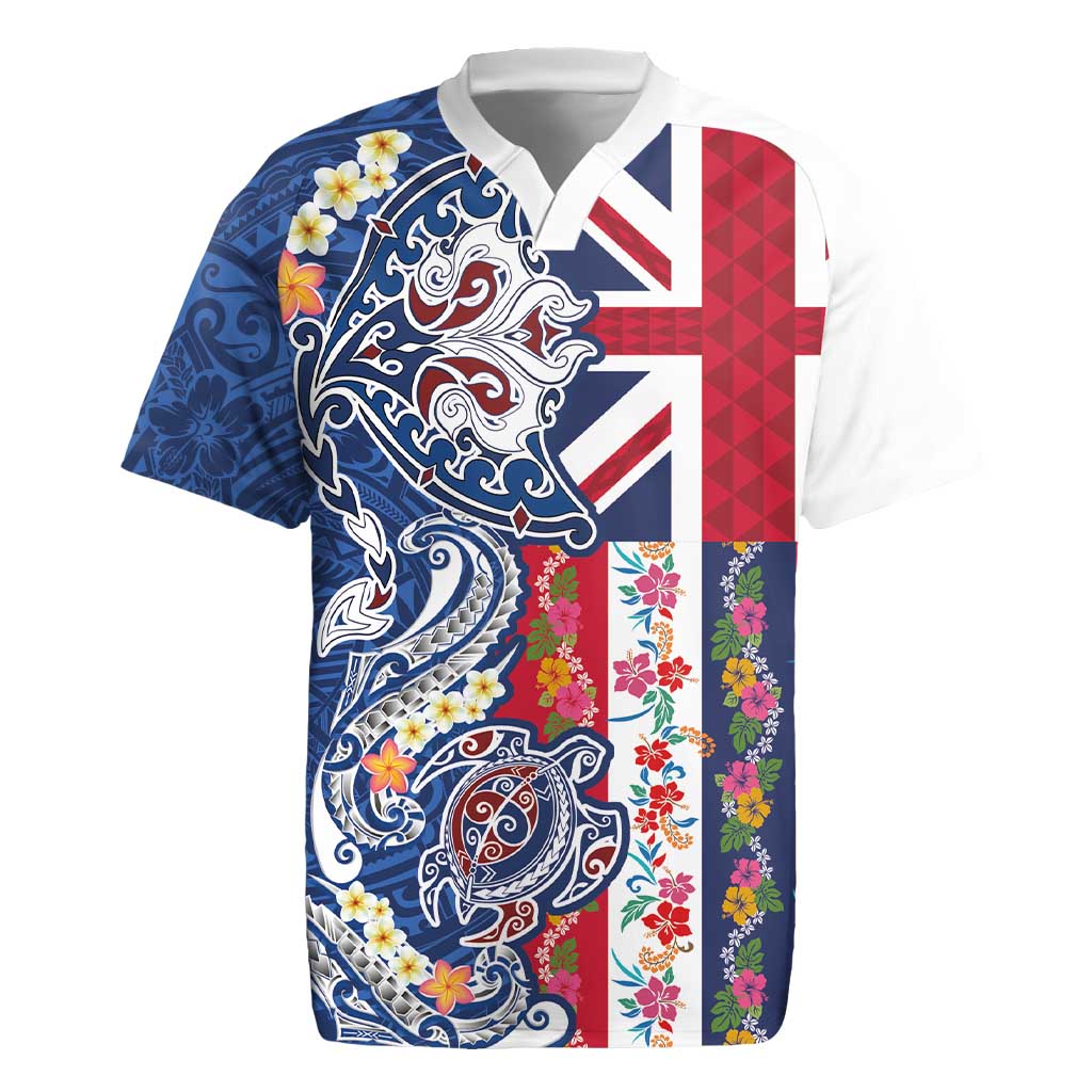 Hawaiian Manta Ray and Turtle Tribal Tattoo Rugby Jersey With Hawaii Flag and Flowers LT03 Multicolor - Polynesian Pride