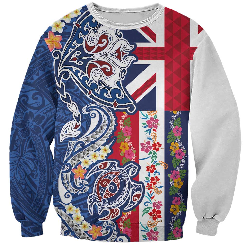 Hawaiian Manta Ray and Turtle Tribal Tattoo Sweatshirt With Hawaii Flag and Flowers LT03 Unisex Multicolor - Polynesian Pride