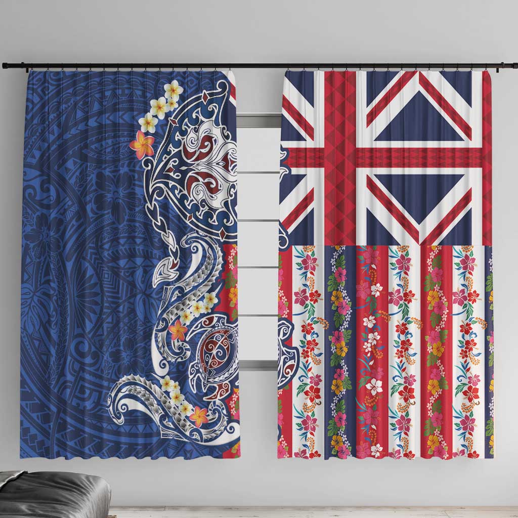 Hawaiian Manta Ray and Turtle Tribal Tattoo Window Curtain With Hawaii Flag and Flowers LT03 With Hooks Multicolor - Polynesian Pride