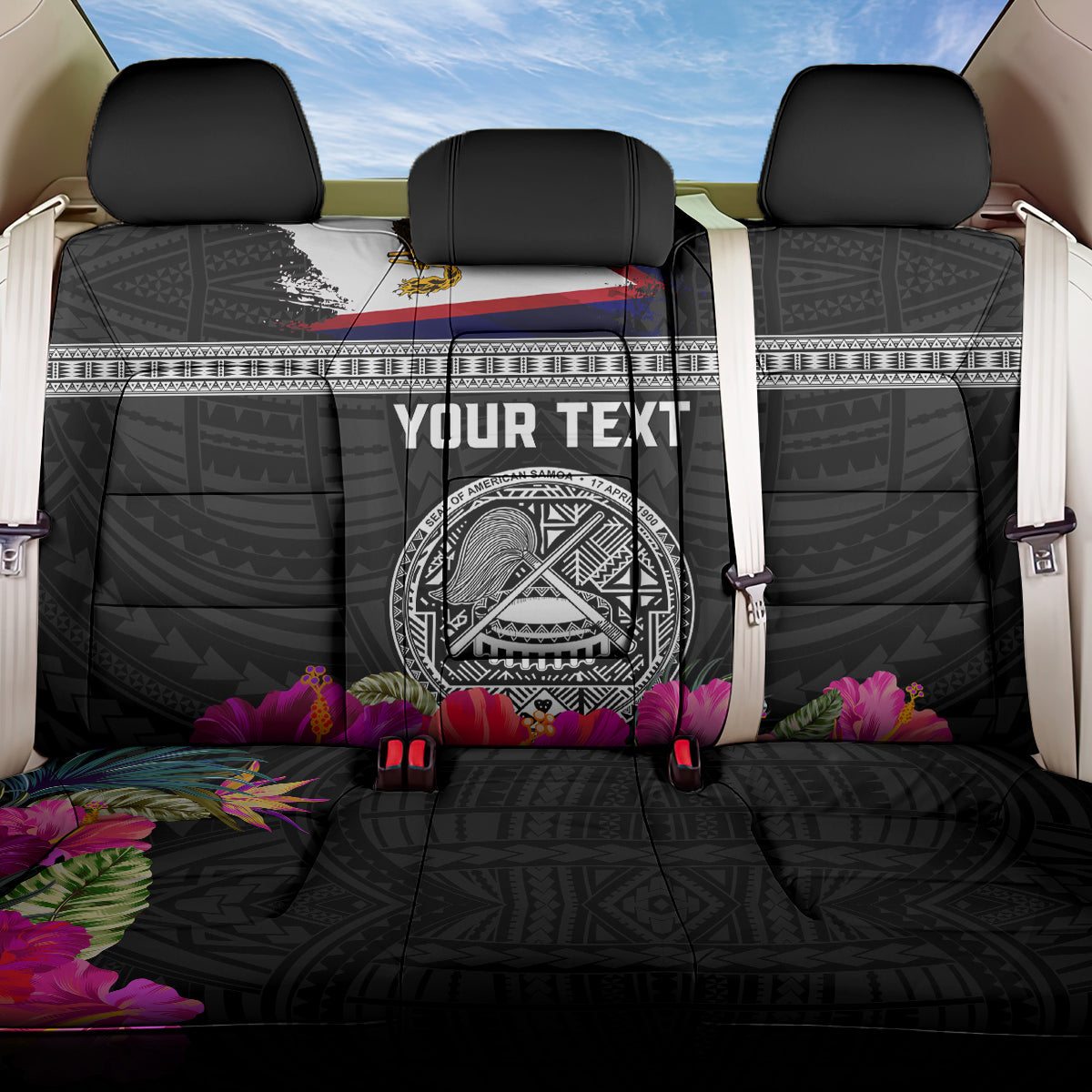 Personalized American Samoa Flag Day Back Car Seat Cover Tanoa and Fue mix Hibiscus Flower Polynesian Pattern LT03 One Size Black - Polynesian Pride