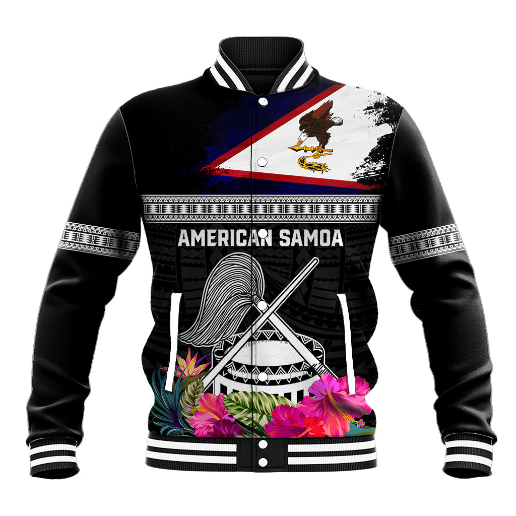 Personalized American Samoa Flag Day Baseball Jacket Tanoa and Fue mix Hibiscus Flower Polynesian Pattern LT03 Unisex Black - Polynesian Pride