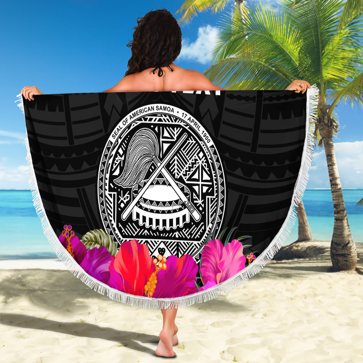 Personalized American Samoa Flag Day Beach Blanket Tanoa and Fue mix Hibiscus Flower Polynesian Pattern LT03 - Polynesian Pride