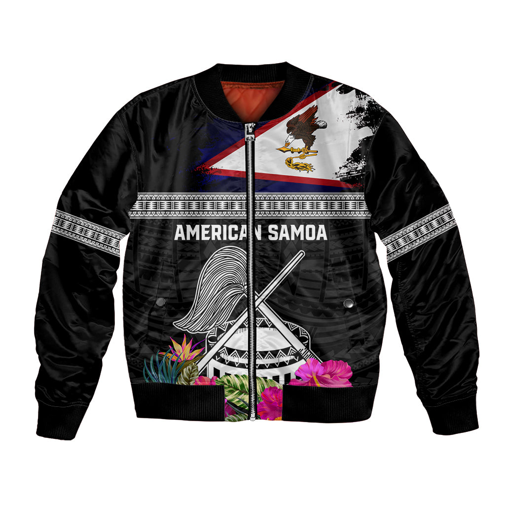 Personalized American Samoa Flag Day Bomber Jacket Tanoa and Fue mix Hibiscus Flower Polynesian Pattern LT03 Unisex Black - Polynesian Pride