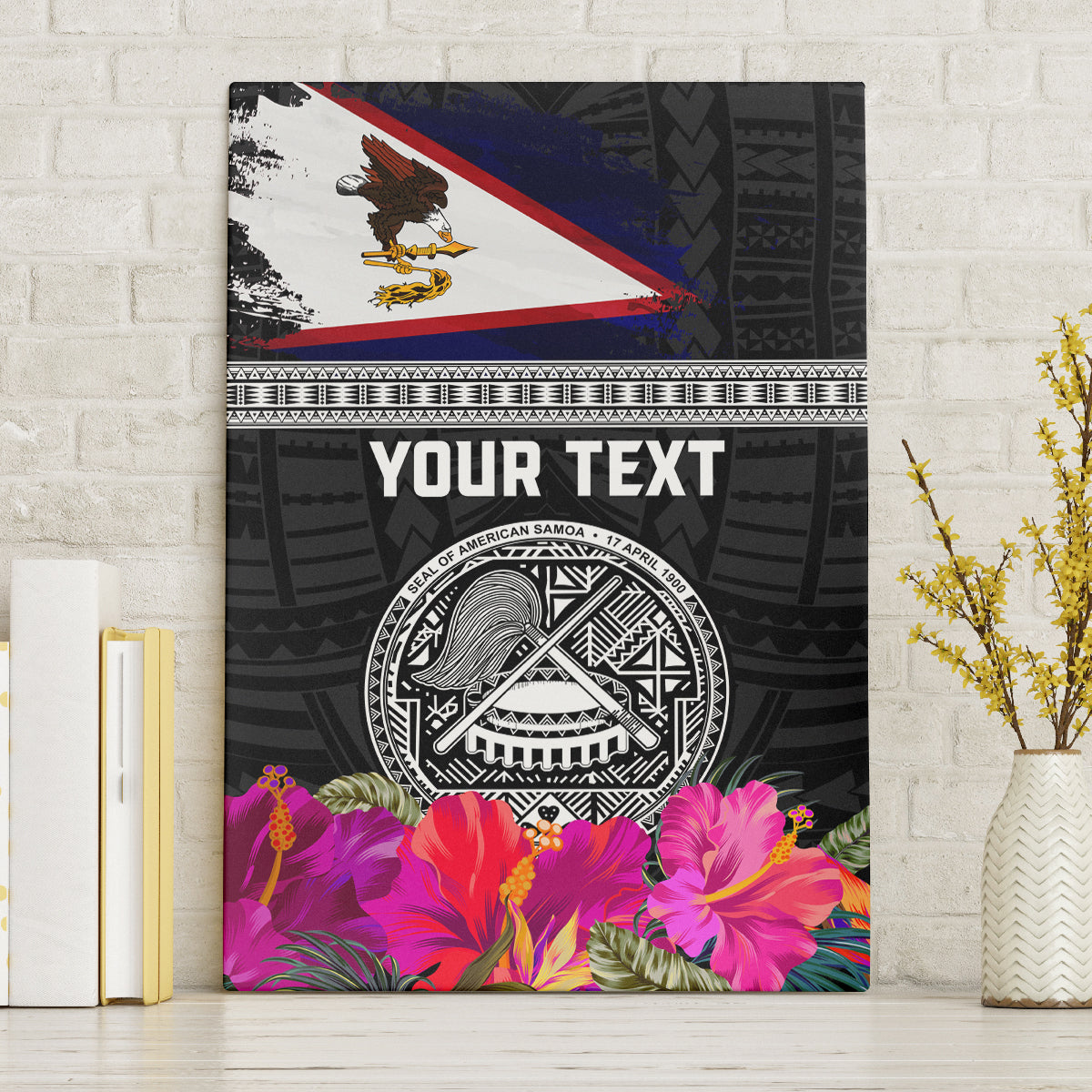 Personalized American Samoa Flag Day Canvas Wall Art Tanoa and Fue mix Hibiscus Flower Polynesian Pattern LT03 Without Frame Black - Polynesian Pride