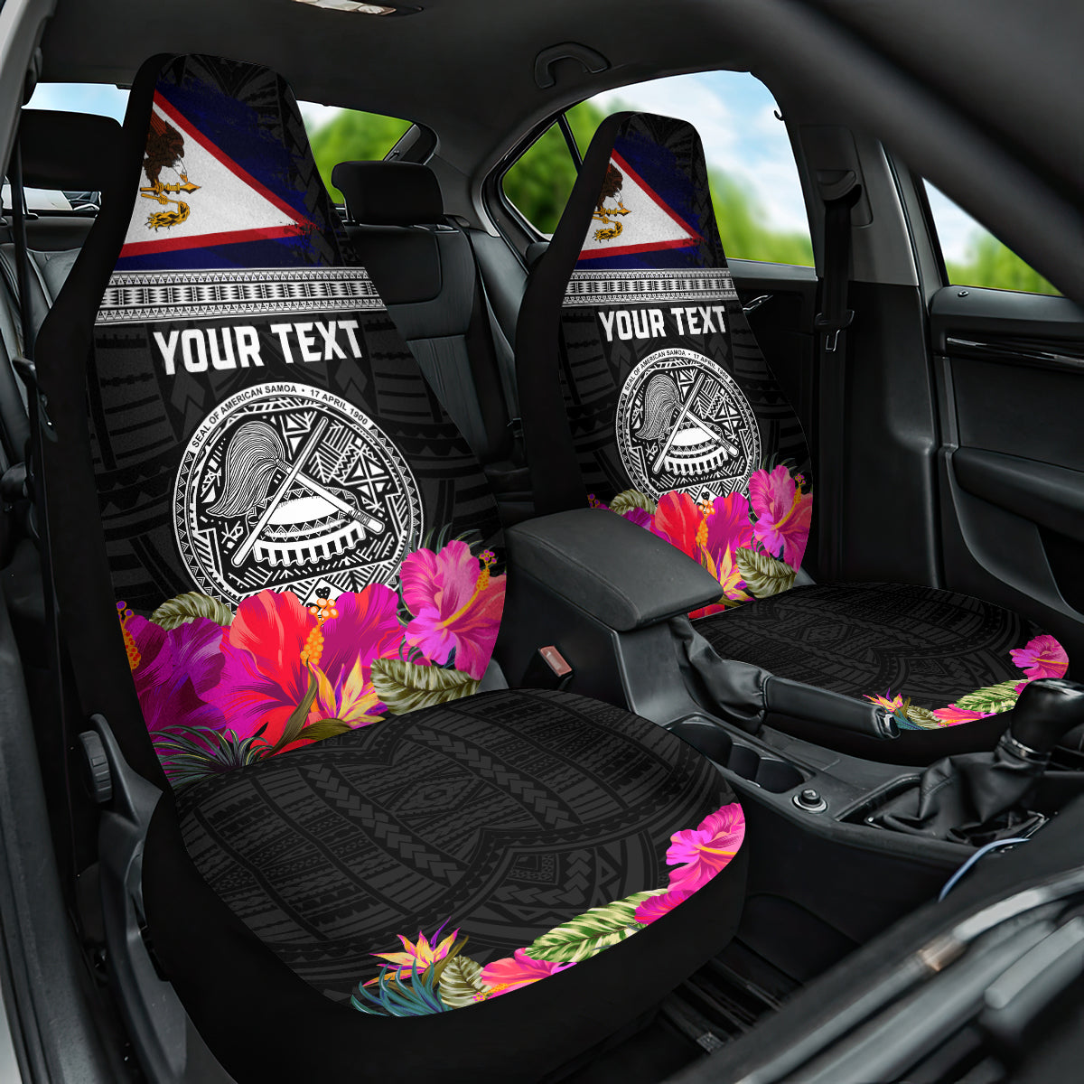Personalized American Samoa Flag Day Car Seat Cover Tanoa and Fue mix Hibiscus Flower Polynesian Pattern LT03 One Size Black - Polynesian Pride