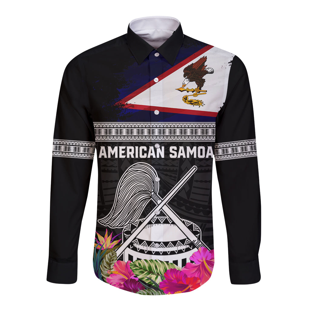 Personalized American Samoa Flag Day Long Sleeve Button Shirt Tanoa and Fue mix Hibiscus Flower Polynesian Pattern LT03 Unisex Black - Polynesian Pride