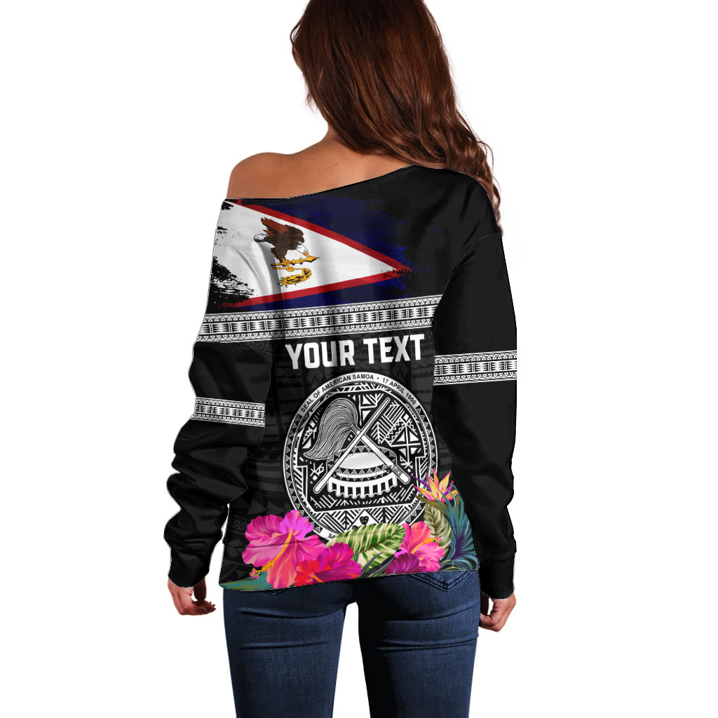 Personalized American Samoa Flag Day Off Shoulder Sweater Tanoa and Fue mix Hibiscus Flower Polynesian Pattern LT03 - Polynesian Pride