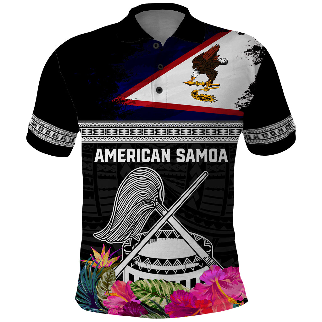 Personalized American Samoa Flag Day Polo Shirt Tanoa and Fue mix Hibiscus Flower Polynesian Pattern LT03 Black - Polynesian Pride