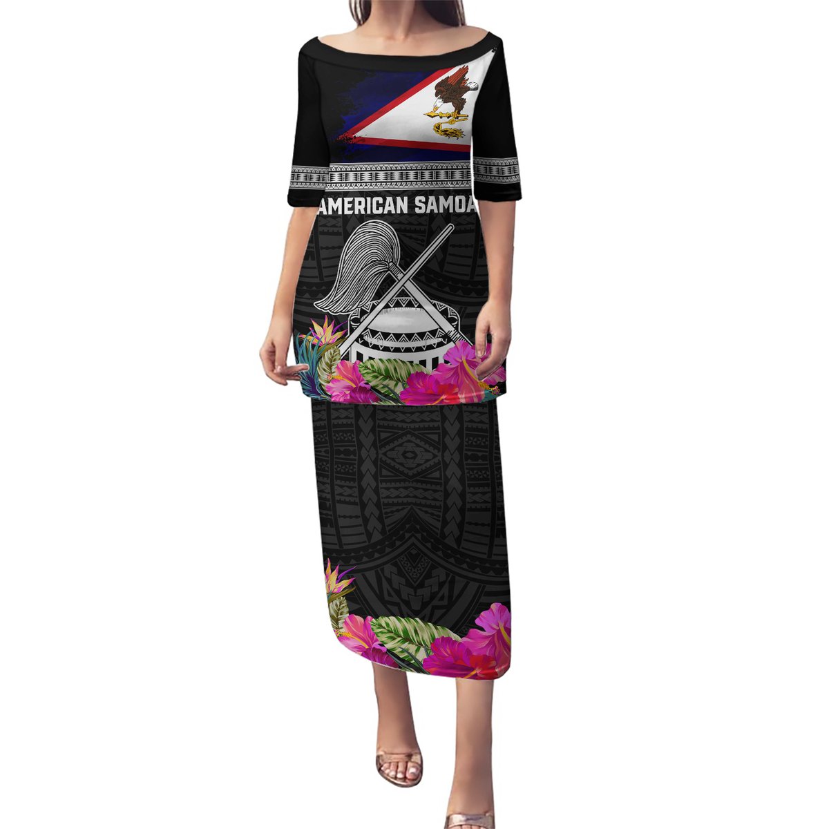 Personalized American Samoa Flag Day Puletasi Tanoa and Fue mix Hibiscus Flower Polynesian Pattern LT03 Long Dress Black - Polynesian Pride