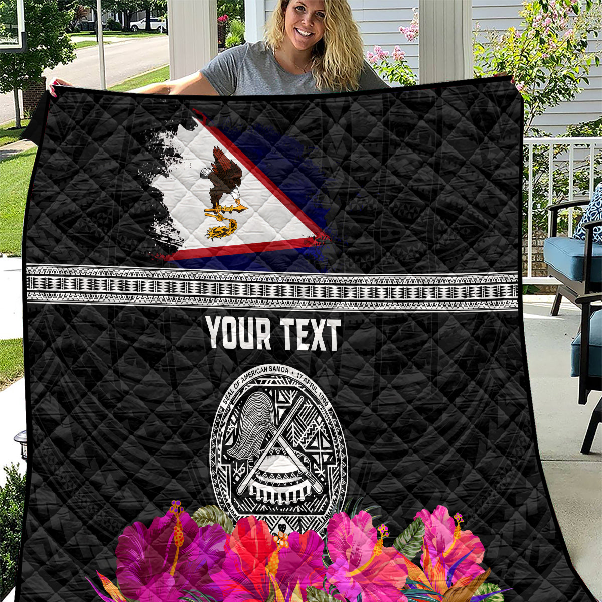 Personalized American Samoa Flag Day Quilt Tanoa and Fue mix Hibiscus Flower Polynesian Pattern LT03 Black - Polynesian Pride
