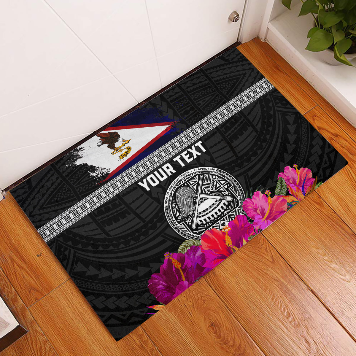 Personalized American Samoa Flag Day Rubber Doormat Tanoa and Fue mix Hibiscus Flower Polynesian Pattern LT03 Black - Polynesian Pride