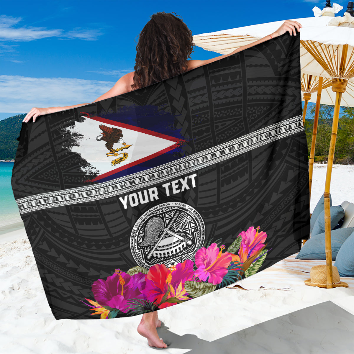 Personalized American Samoa Flag Day Sarong Tanoa and Fue mix Hibiscus Flower Polynesian Pattern LT03 One Size 44 x 66 inches Black - Polynesian Pride