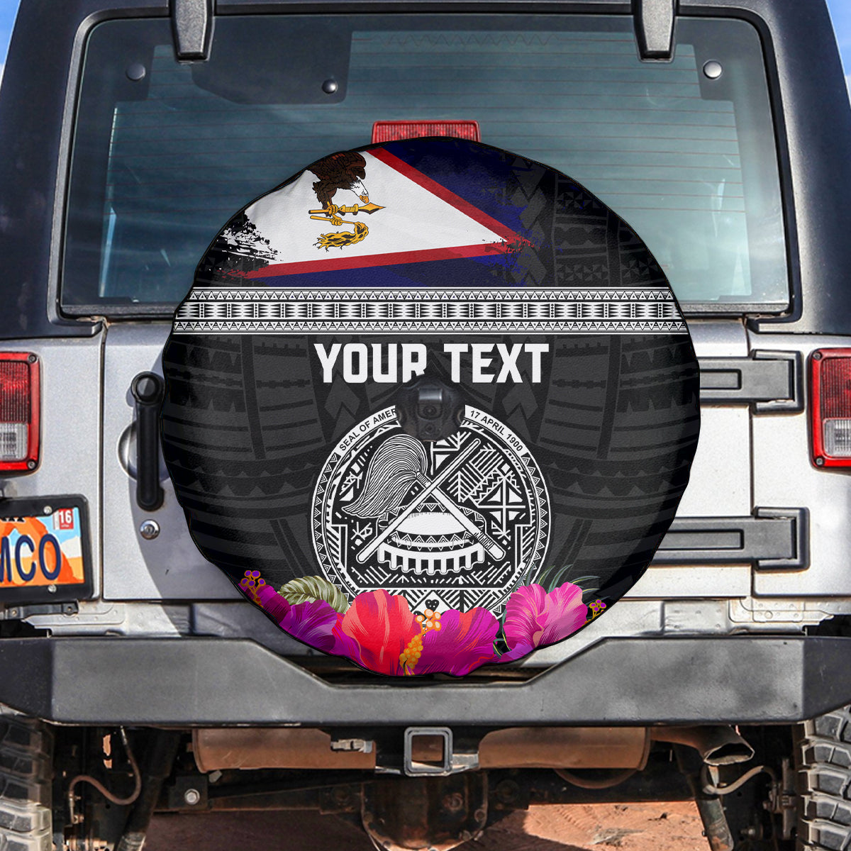 Personalized American Samoa Flag Day Spare Tire Cover Tanoa and Fue mix Hibiscus Flower Polynesian Pattern LT03 Black - Polynesian Pride