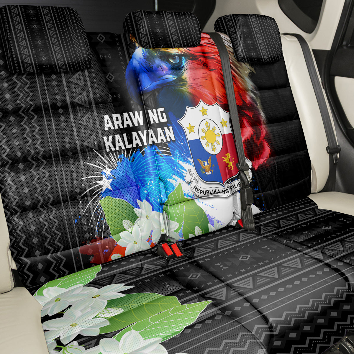 Philippines Independence Day Back Car Seat Cover Philippines Eagle and Sampaguita Jasmine Yakan Tribal LT03 - Polynesian Pride