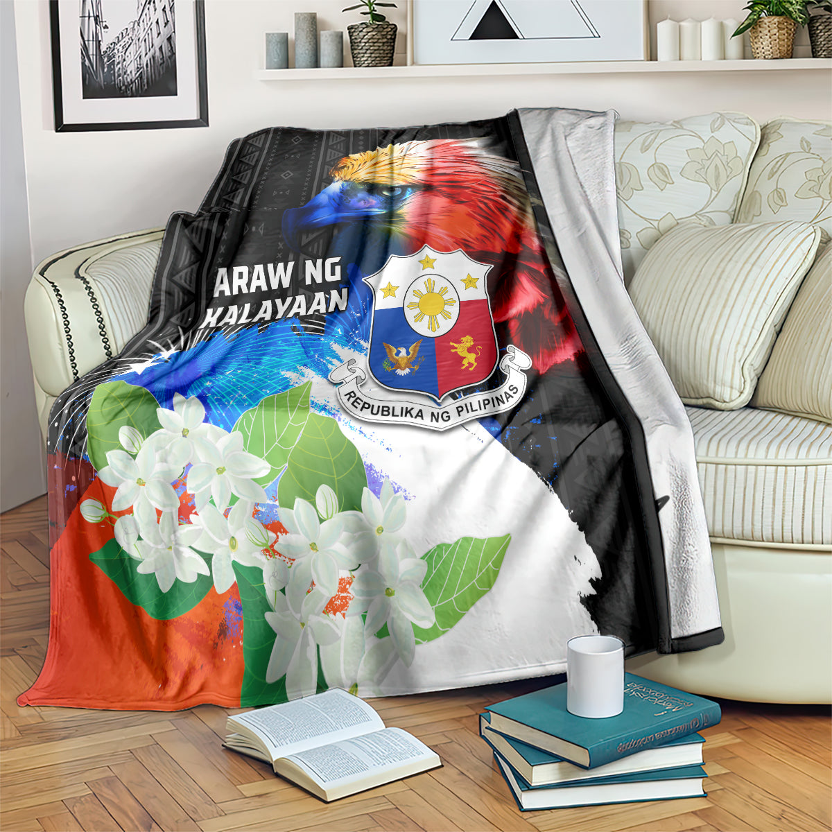 Philippines Independence Day Blanket Philippines Eagle and Sampaguita Jasmine Yakan Tribal LT03 Black - Polynesian Pride