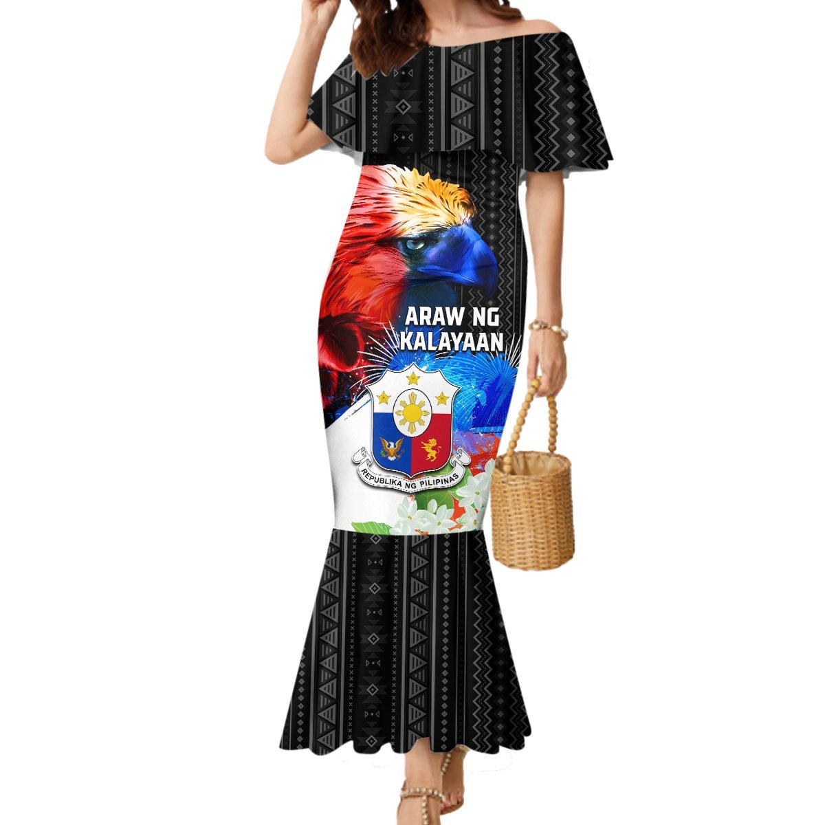 Philippines Independence Day Mermaid Dress Philippines Eagle and Sampaguita Jasmine Yakan Tribal LT03 Women Black - Polynesian Pride