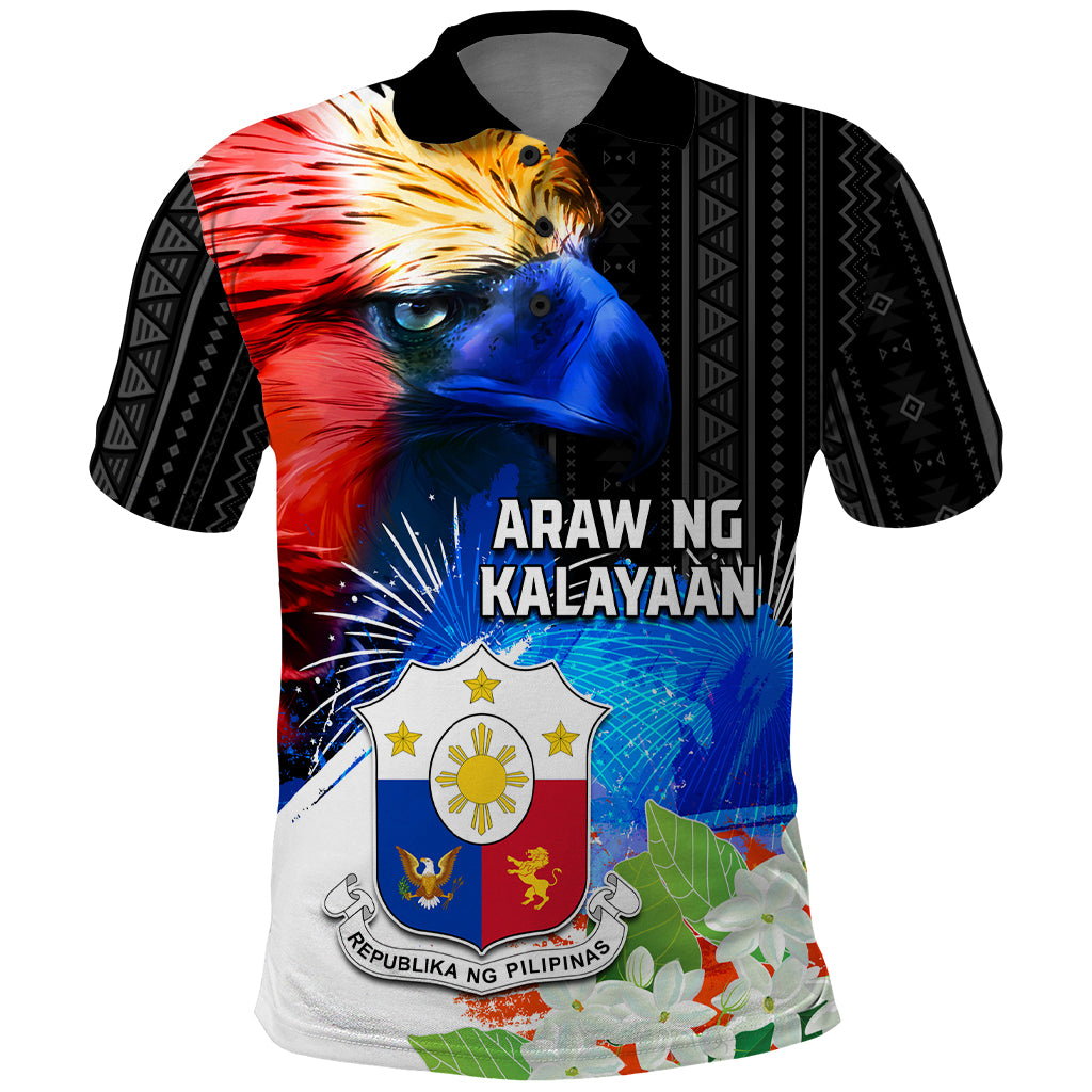 Philippines Independence Day Polo Shirt Philippines Eagle and Sampaguita Jasmine Yakan Tribal LT03 Black - Polynesian Pride